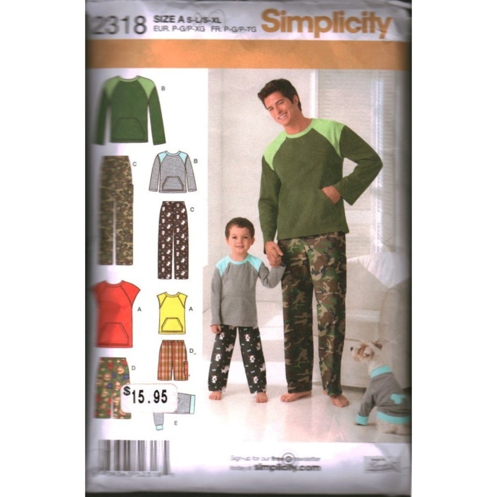 Simplicity 2318 Sewing Pattern Mens Boys Dog Pajamas Pants Knit Top Size S-XL